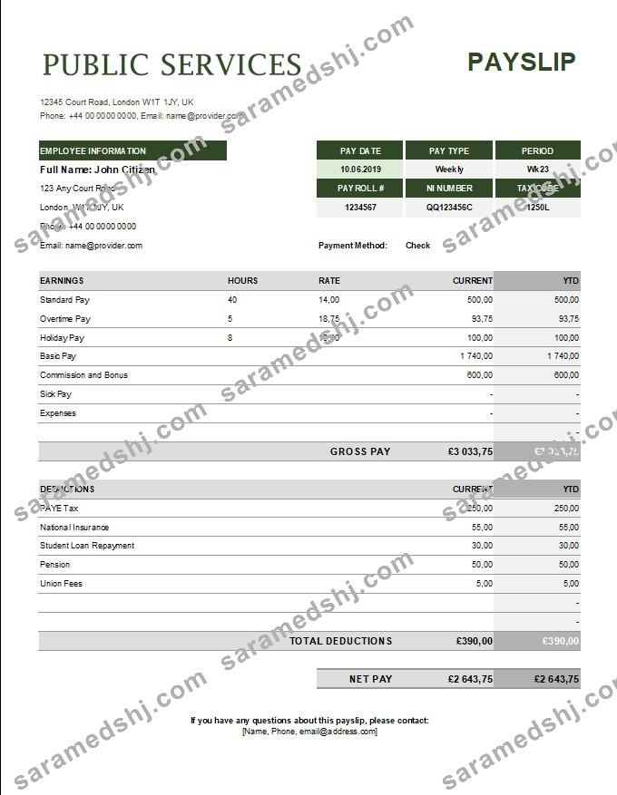 public services corporation payslip template in Excel and PDF formats
